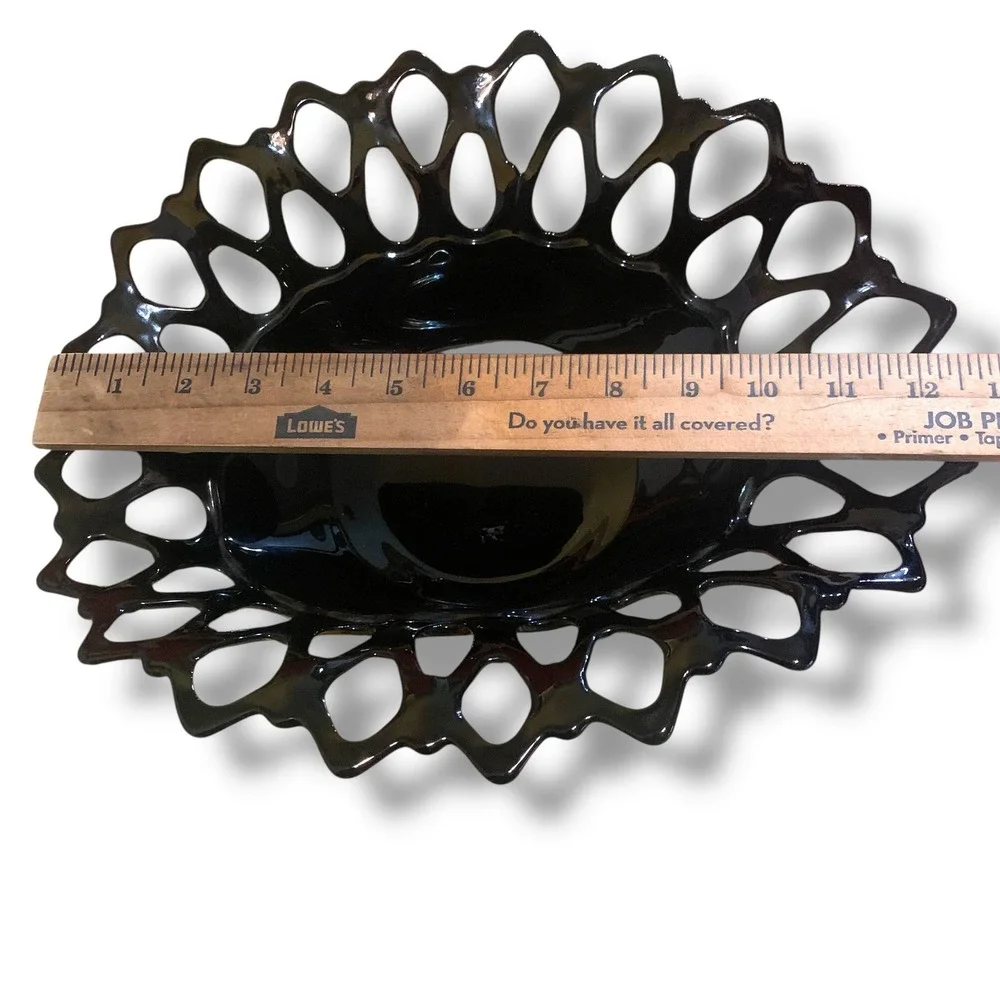 Vintage Black Amethyst Glass Lattice Edge Reticulated Oval Centerpiece Bowl 12in